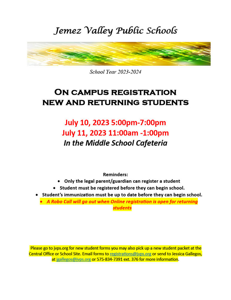 New and Returning Student Registration Jemez Valley Public Schools